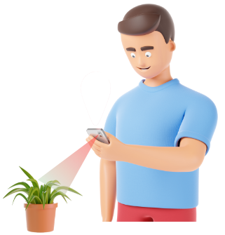 une image montrant un personnage entrain de scanner une plante avec l'application plantz