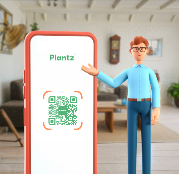une image montrant un personnage en 3d montrant un smarphone avec le QRcode incitant à télécharger l'application plantz