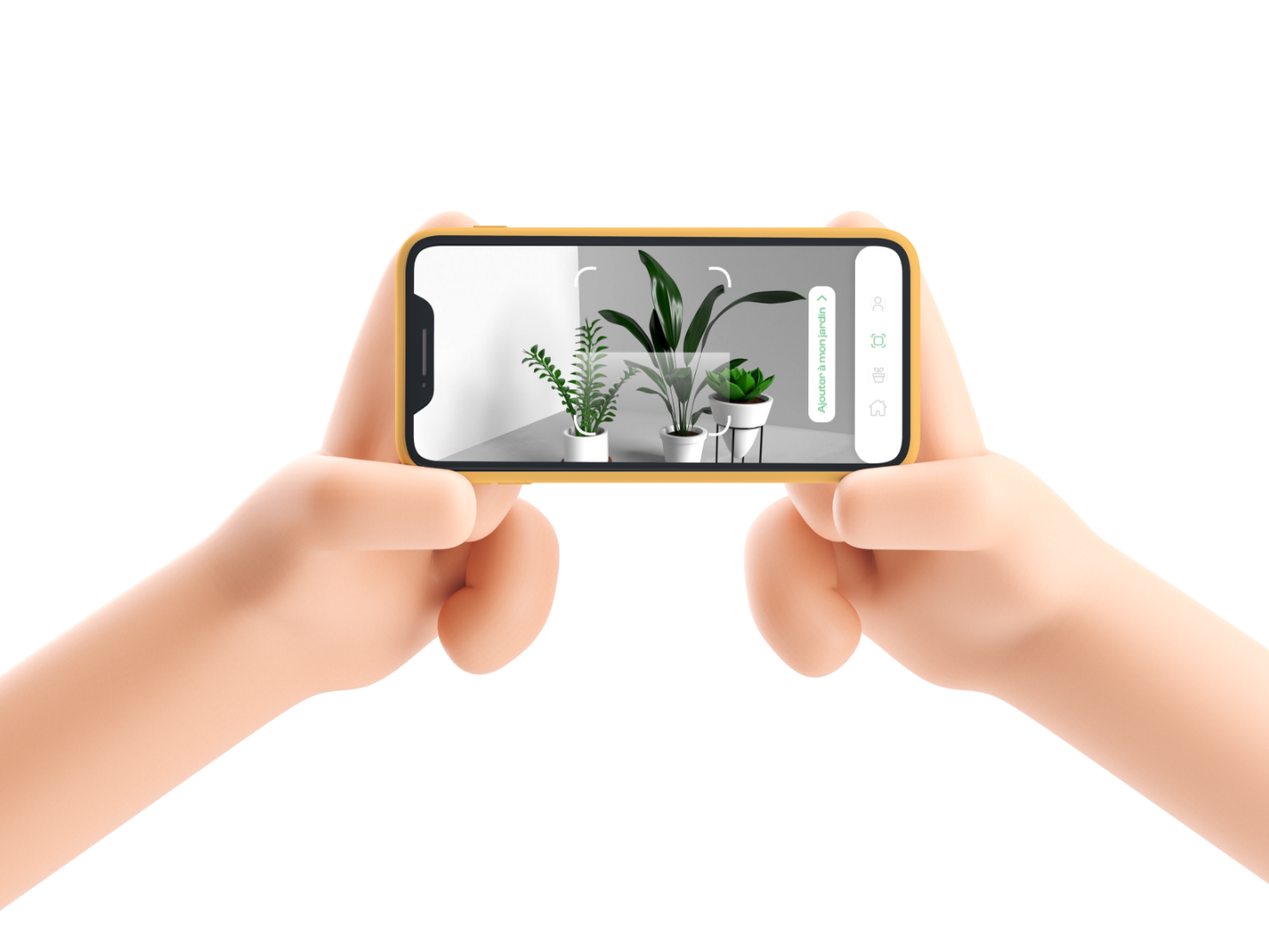 une main style 3D cartoon tennant un téléphone à l'horizontale, entrain de scanner la plante